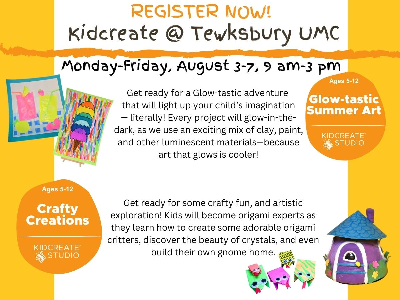 Kidcreate Studio @ Tewksbury UMC: Glowtastic Summer Art & Crafty Creations!(5-12y) 